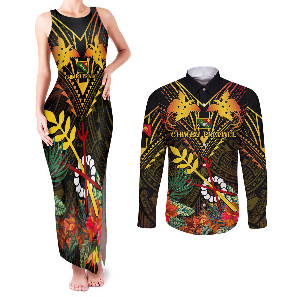 Papua New Guinea Chimbu Province Couples Matching Tank Maxi Dress and Long Sleeve Button Shirts Papua Niugini Coat Of Arms With Flag Style - Wonder Print Shop