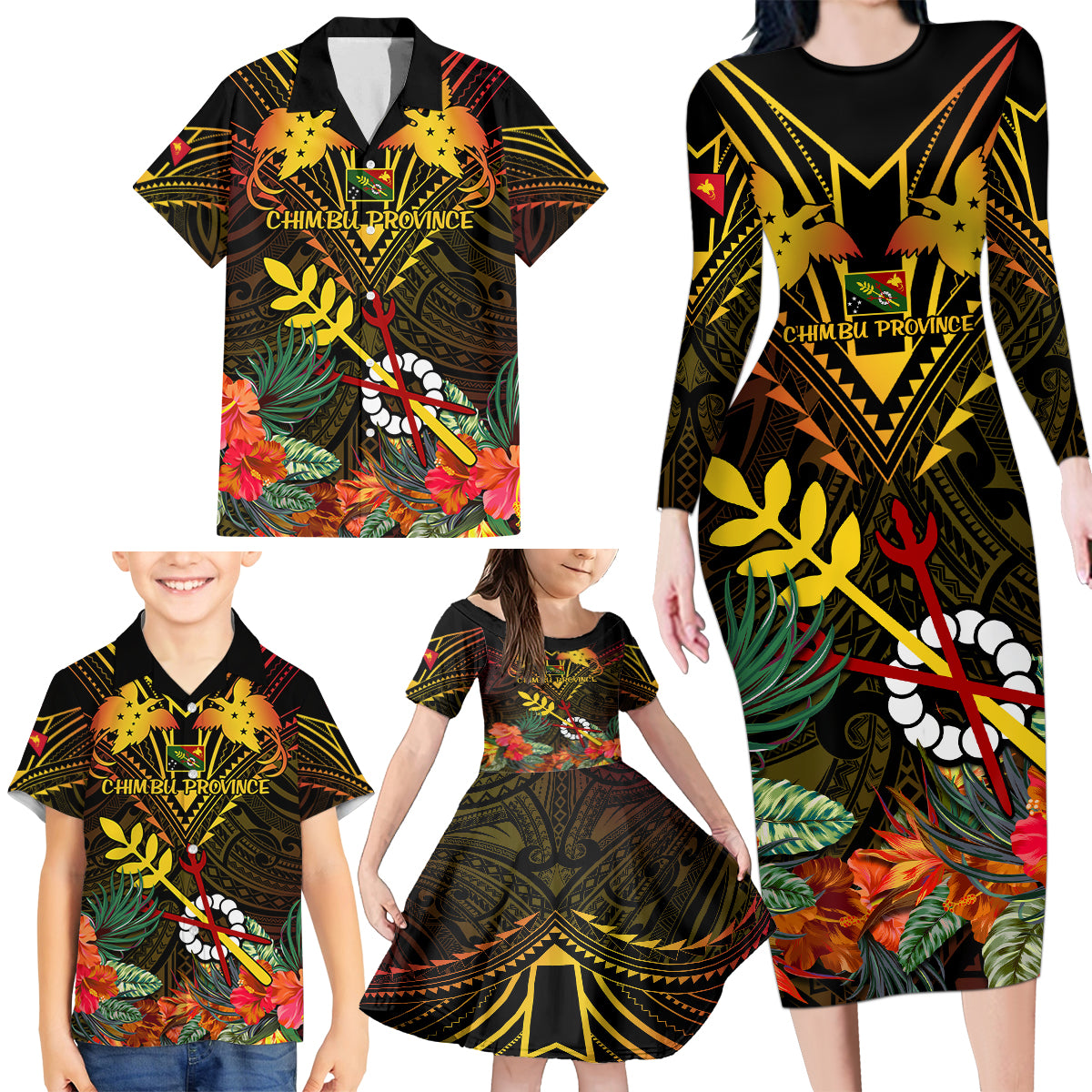 Papua New Guinea Chimbu Province Family Matching Long Sleeve Bodycon Dress and Hawaiian Shirt Papua Niugini Coat Of Arms With Flag Style - Wonder Print Shop