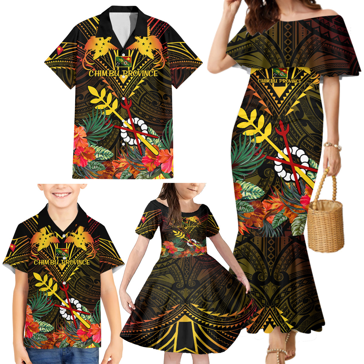 Papua New Guinea Chimbu Province Family Matching Mermaid Dress and Hawaiian Shirt Papua Niugini Coat Of Arms With Flag Style - Wonder Print Shop