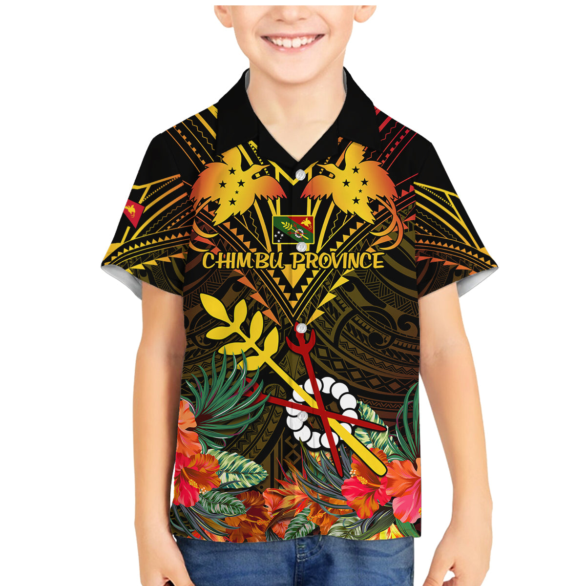 Papua New Guinea Chimbu Province Family Matching Mermaid Dress and Hawaiian Shirt Papua Niugini Coat Of Arms With Flag Style - Wonder Print Shop