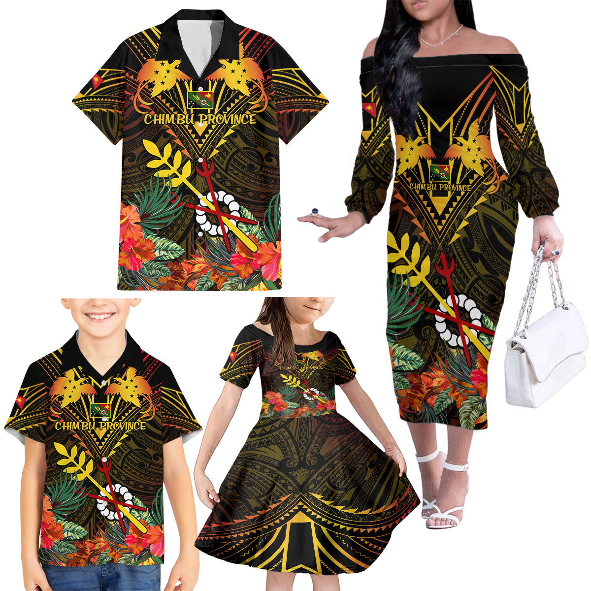 Papua New Guinea Chimbu Province Family Matching Off Shoulder Long Sleeve Dress and Hawaiian Shirt Papua Niugini Coat Of Arms With Flag Style - Wonder Print Shop