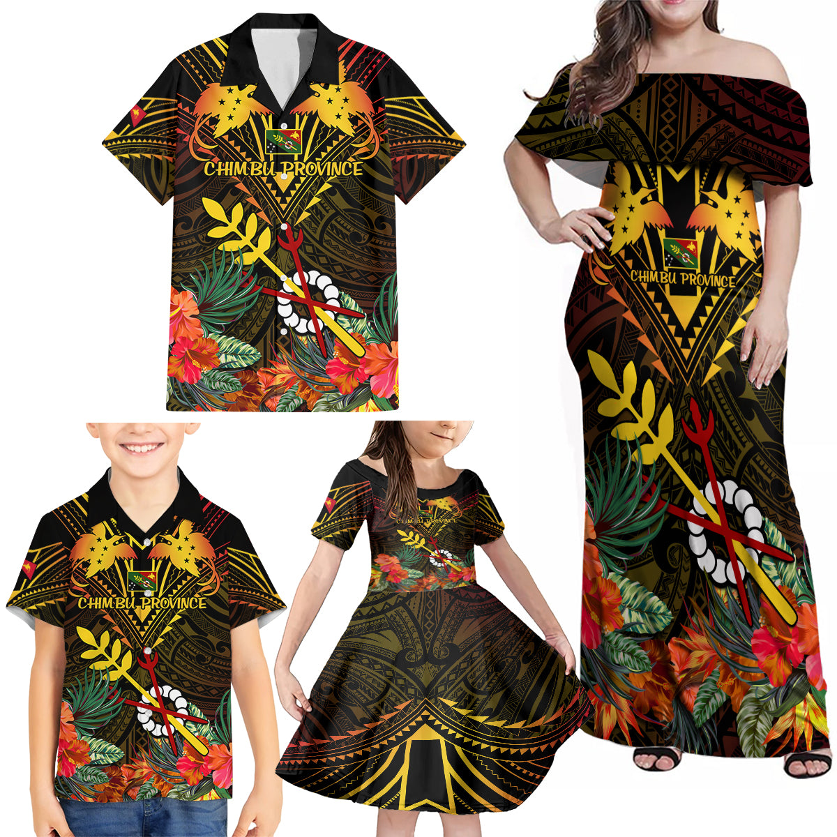 Papua New Guinea Chimbu Province Family Matching Off Shoulder Maxi Dress and Hawaiian Shirt Papua Niugini Coat Of Arms With Flag Style - Wonder Print Shop