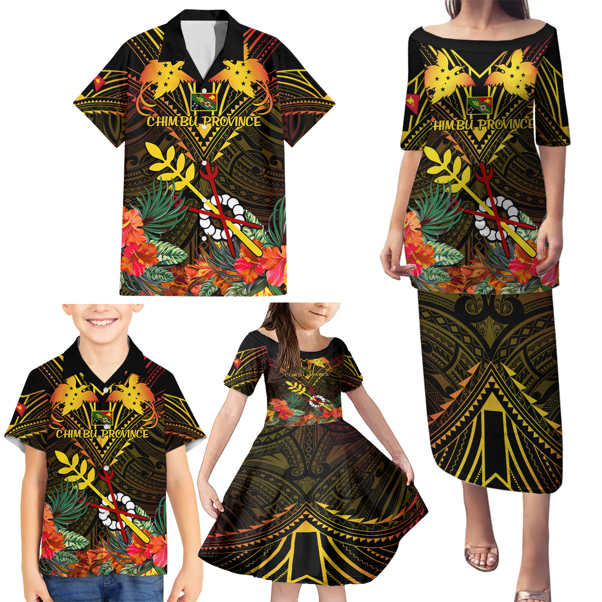 Papua New Guinea Chimbu Province Family Matching Puletasi Dress and Hawaiian Shirt Papua Niugini Coat Of Arms With Flag Style - Wonder Print Shop