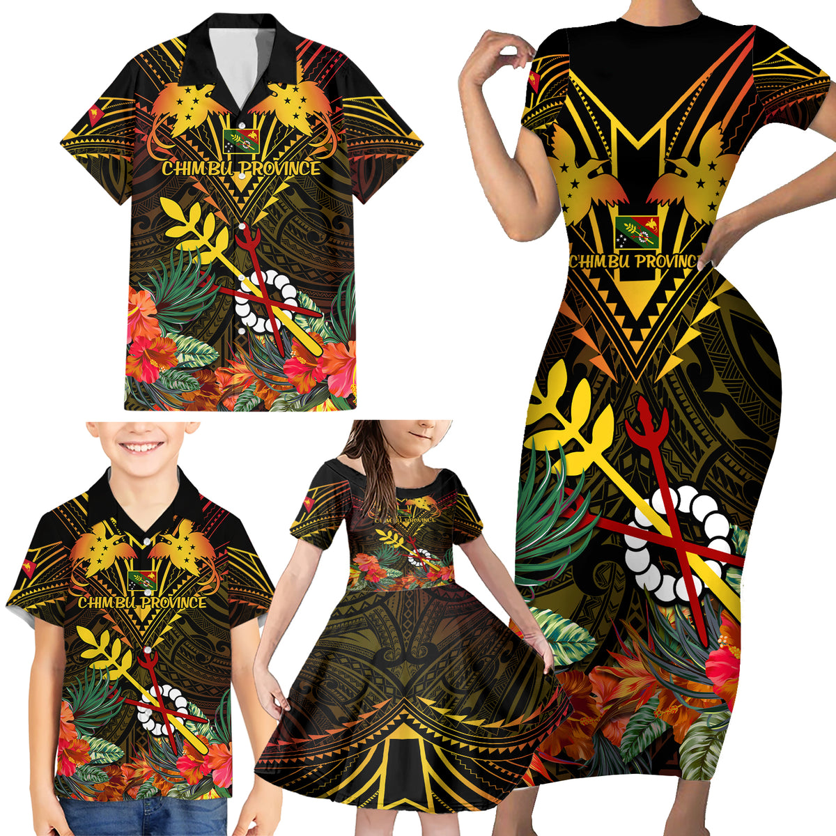 Papua New Guinea Chimbu Province Family Matching Short Sleeve Bodycon Dress and Hawaiian Shirt Papua Niugini Coat Of Arms With Flag Style - Wonder Print Shop