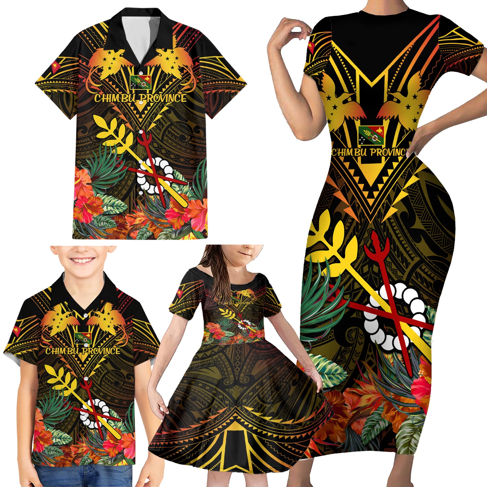 Papua New Guinea Chimbu Province Family Matching Short Sleeve Bodycon Dress and Hawaiian Shirt Papua Niugini Coat Of Arms With Flag Style - Wonder Print Shop