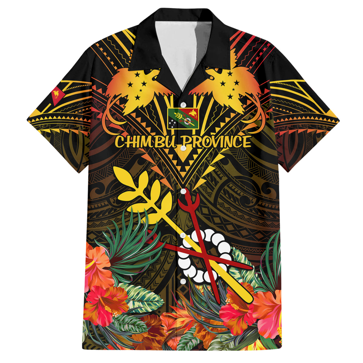 Papua New Guinea Chimbu Province Family Matching Short Sleeve Bodycon Dress and Hawaiian Shirt Papua Niugini Coat Of Arms With Flag Style - Wonder Print Shop