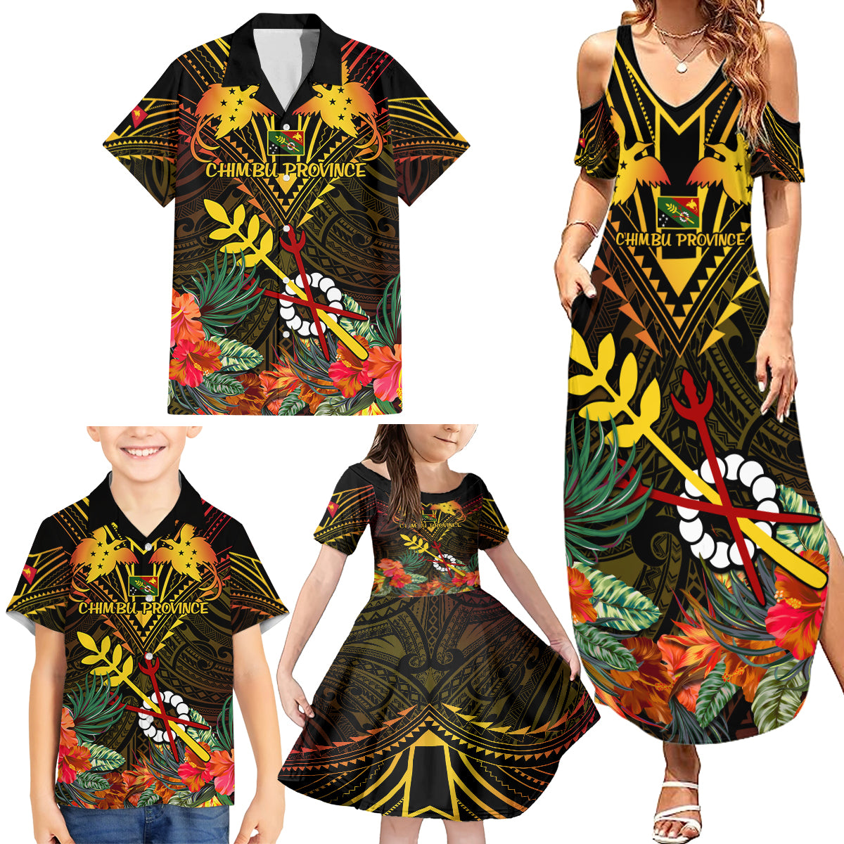 Papua New Guinea Chimbu Province Family Matching Summer Maxi Dress and Hawaiian Shirt Papua Niugini Coat Of Arms With Flag Style - Wonder Print Shop