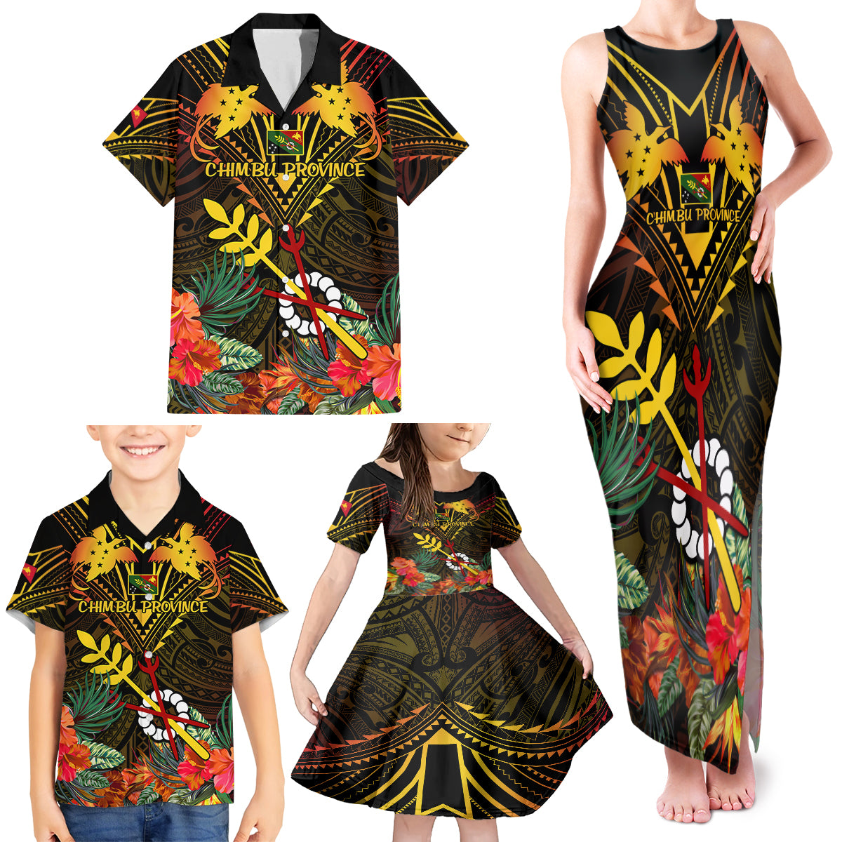 Papua New Guinea Chimbu Province Family Matching Tank Maxi Dress and Hawaiian Shirt Papua Niugini Coat Of Arms With Flag Style - Wonder Print Shop