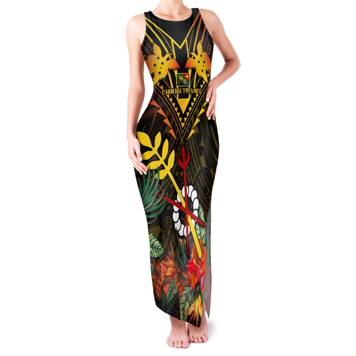 Papua New Guinea Chimbu Province Family Matching Tank Maxi Dress and Hawaiian Shirt Papua Niugini Coat Of Arms With Flag Style - Wonder Print Shop