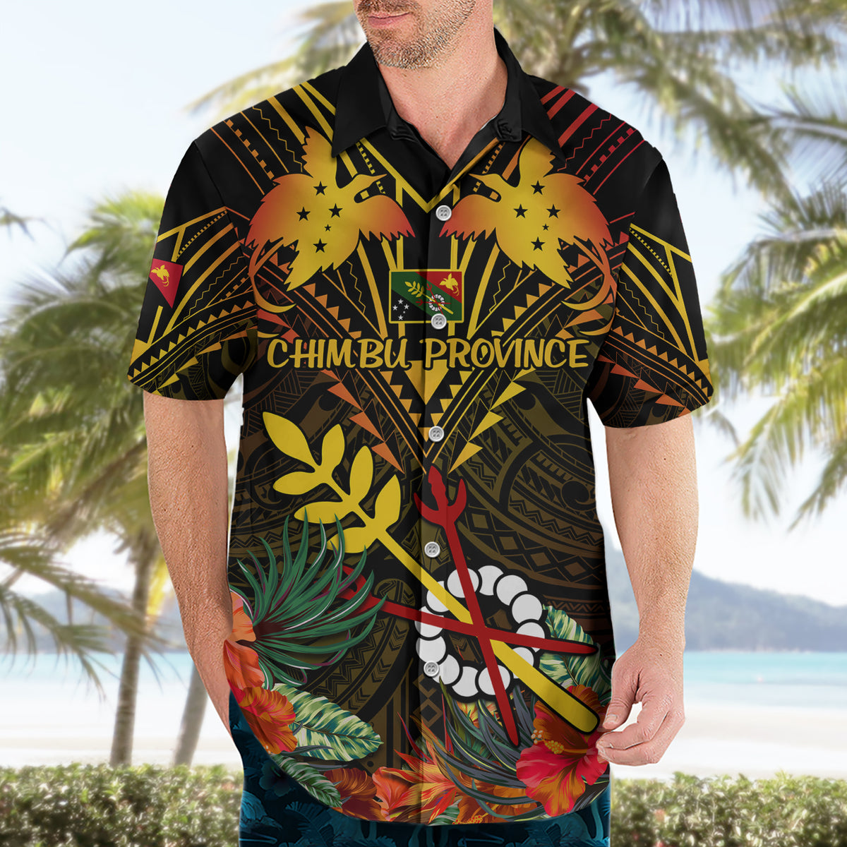 Papua New Guinea Chimbu Province Hawaiian Shirt Papua Niugini Coat Of Arms With Flag Style - Wonder Print Shop