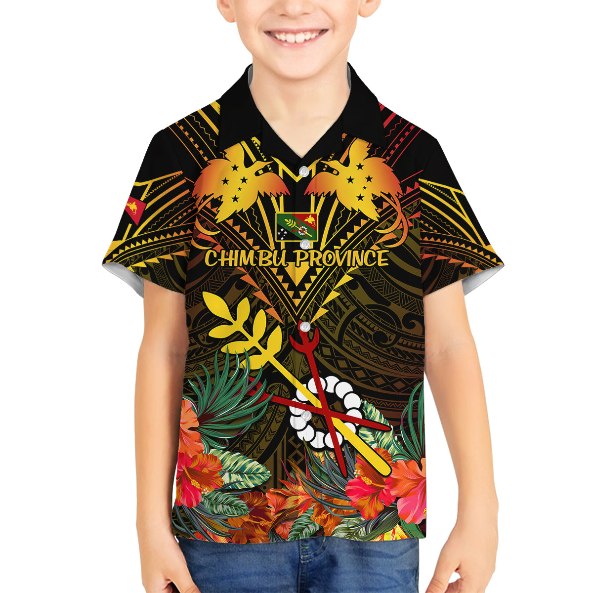 Papua New Guinea Chimbu Province Kid Hawaiian Shirt Papua Niugini Coat Of Arms With Flag Style - Wonder Print Shop