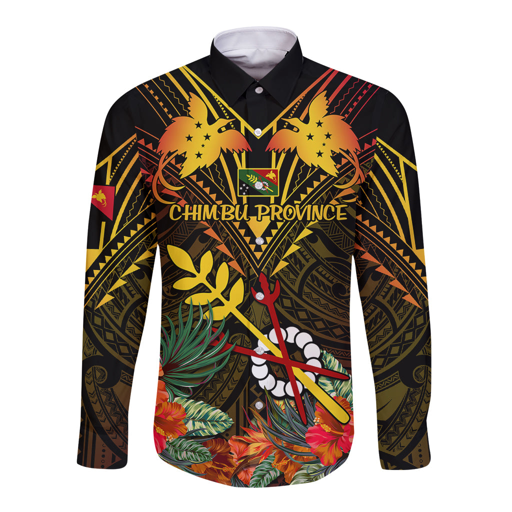 Papua New Guinea Chimbu Province Long Sleeve Button Shirt Papua Niugini Coat Of Arms With Flag Style - Wonder Print Shop