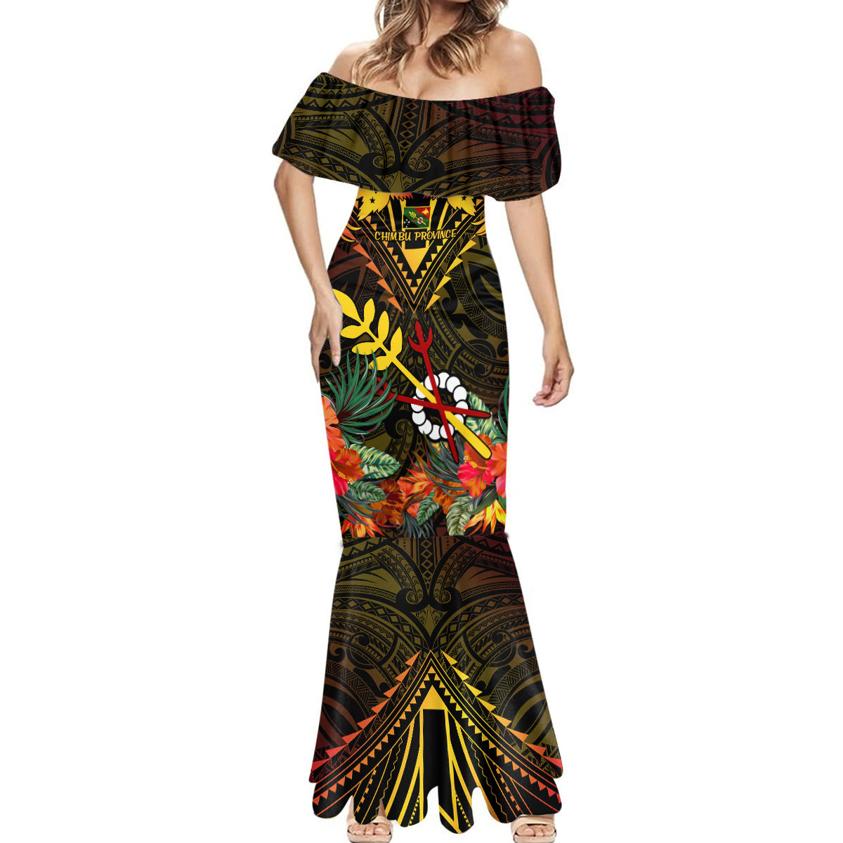 Papua New Guinea Chimbu Province Mermaid Dress Papua Niugini Coat Of Arms With Flag Style - Wonder Print Shop