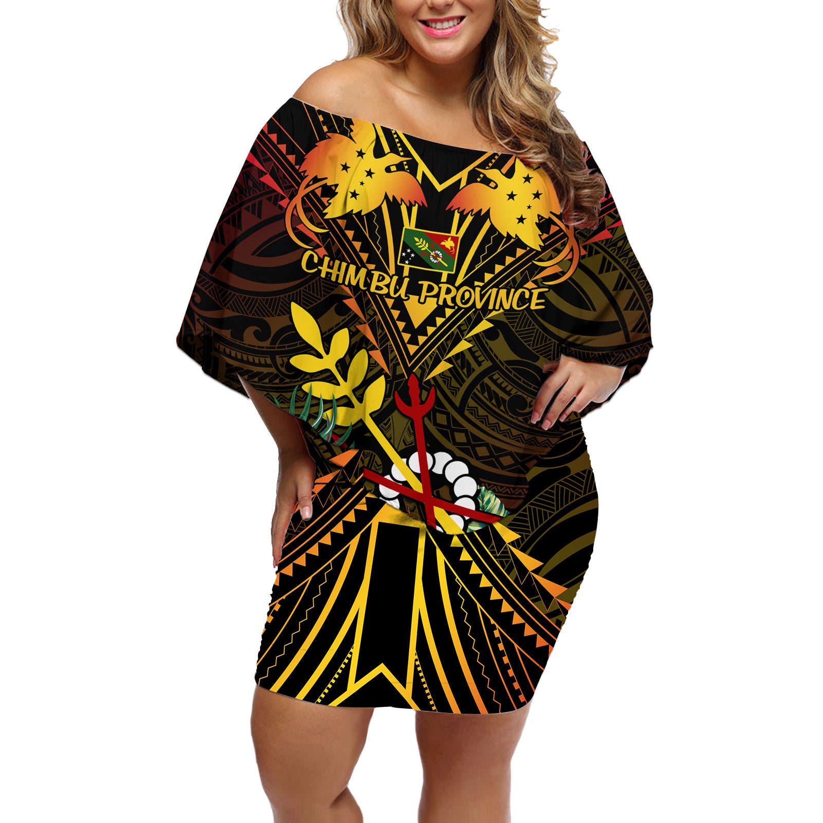 Papua New Guinea Chimbu Province Off Shoulder Short Dress Papua Niugini Coat Of Arms With Flag Style - Wonder Print Shop