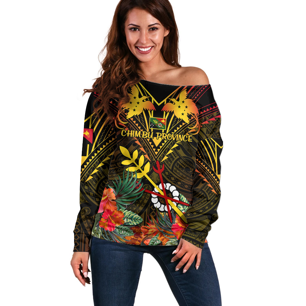 Papua New Guinea Chimbu Province Off Shoulder Sweater Papua Niugini Coat Of Arms With Flag Style - Wonder Print Shop