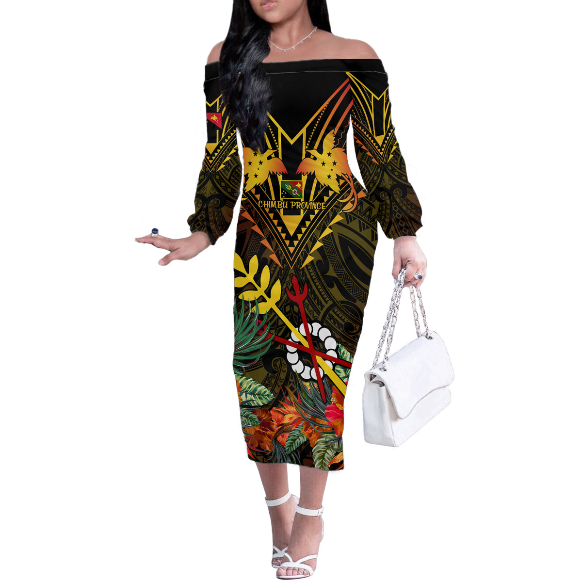 Papua New Guinea Chimbu Province Off The Shoulder Long Sleeve Dress Papua Niugini Coat Of Arms With Flag Style - Wonder Print Shop