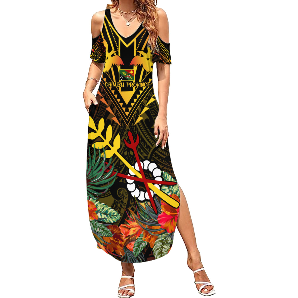 Papua New Guinea Chimbu Province Summer Maxi Dress Papua Niugini Coat Of Arms With Flag Style - Wonder Print Shop