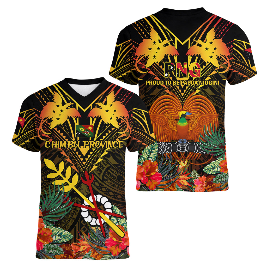 Papua New Guinea Chimbu Province Women V Neck T Shirt Papua Niugini Coat Of Arms With Flag Style - Wonder Print Shop
