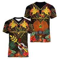 Papua New Guinea Chimbu Province Women V Neck T Shirt Papua Niugini Coat Of Arms With Flag Style - Wonder Print Shop