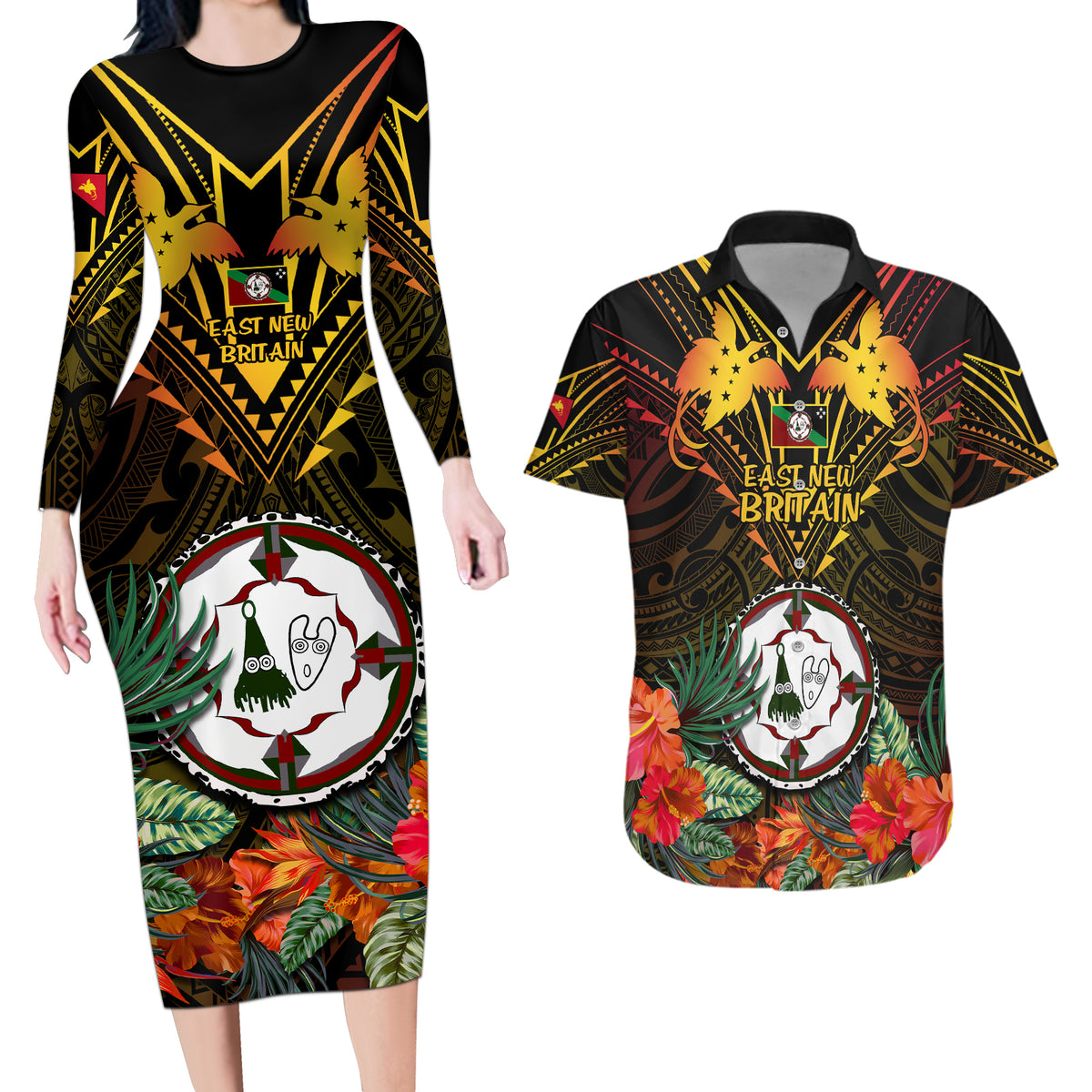 Papua New Guinea East New Britain Province Couples Matching Long Sleeve Bodycon Dress and Hawaiian Shirt Papua Niugini Coat Of Arms With Flag Style - Wonder Print Shop