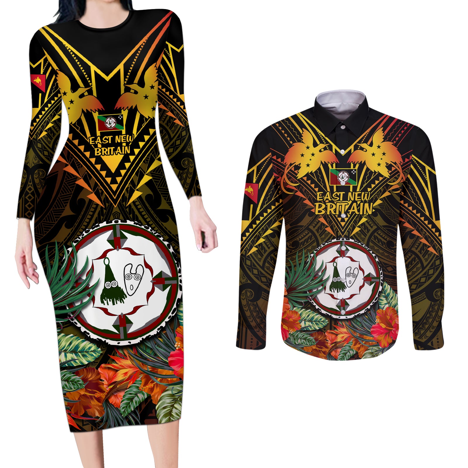 Papua New Guinea East New Britain Province Couples Matching Long Sleeve Bodycon Dress and Long Sleeve Button Shirts Papua Niugini Coat Of Arms With Flag Style - Wonder Print Shop
