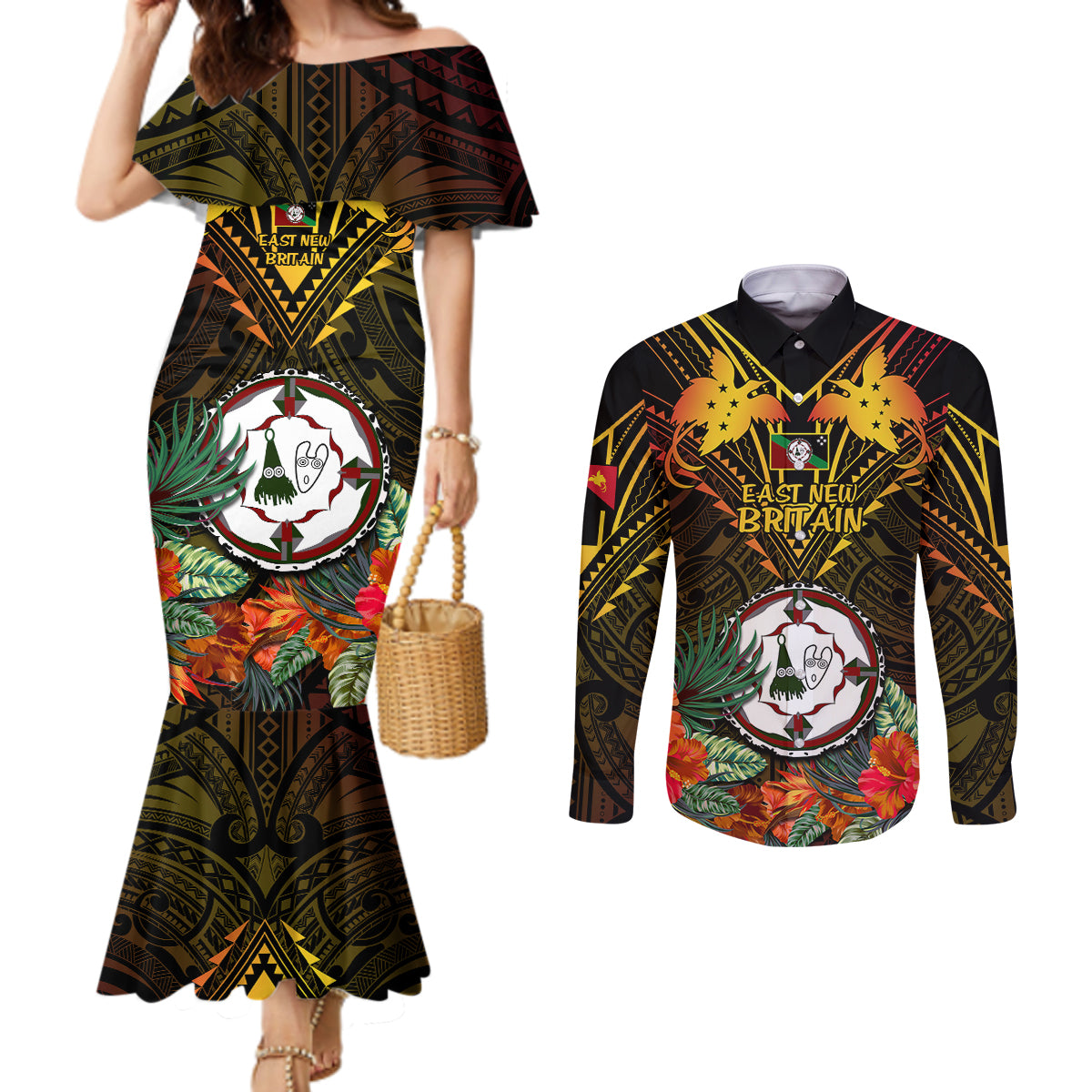 papua-new-guinea-east-new-britain-province-couples-matching-mermaid-dress-and-long-sleeve-button-shirts-papua-niugini-coat-of-arms-with-flag-style