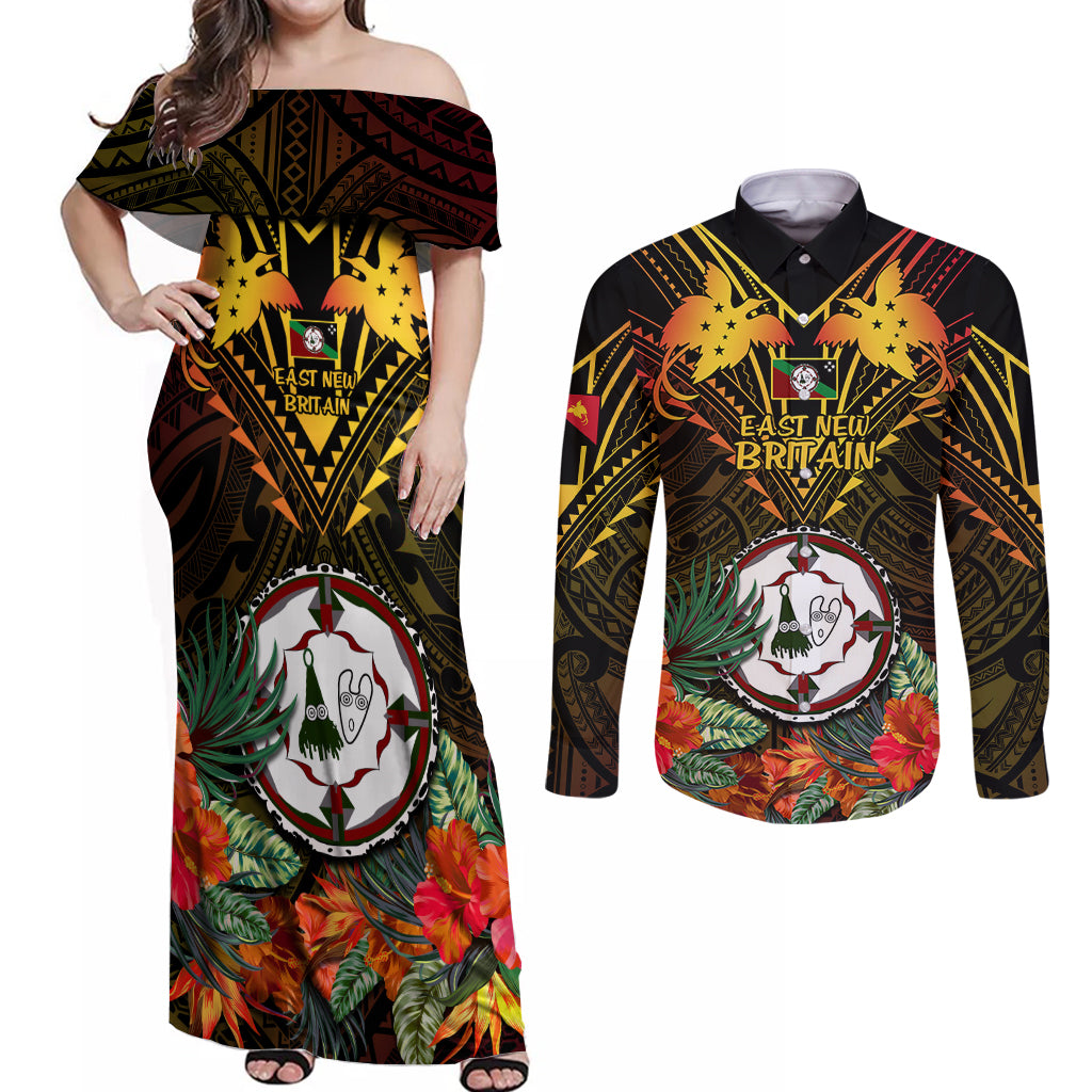 Papua New Guinea East New Britain Province Couples Matching Off Shoulder Maxi Dress and Long Sleeve Button Shirts Papua Niugini Coat Of Arms With Flag Style - Wonder Print Shop