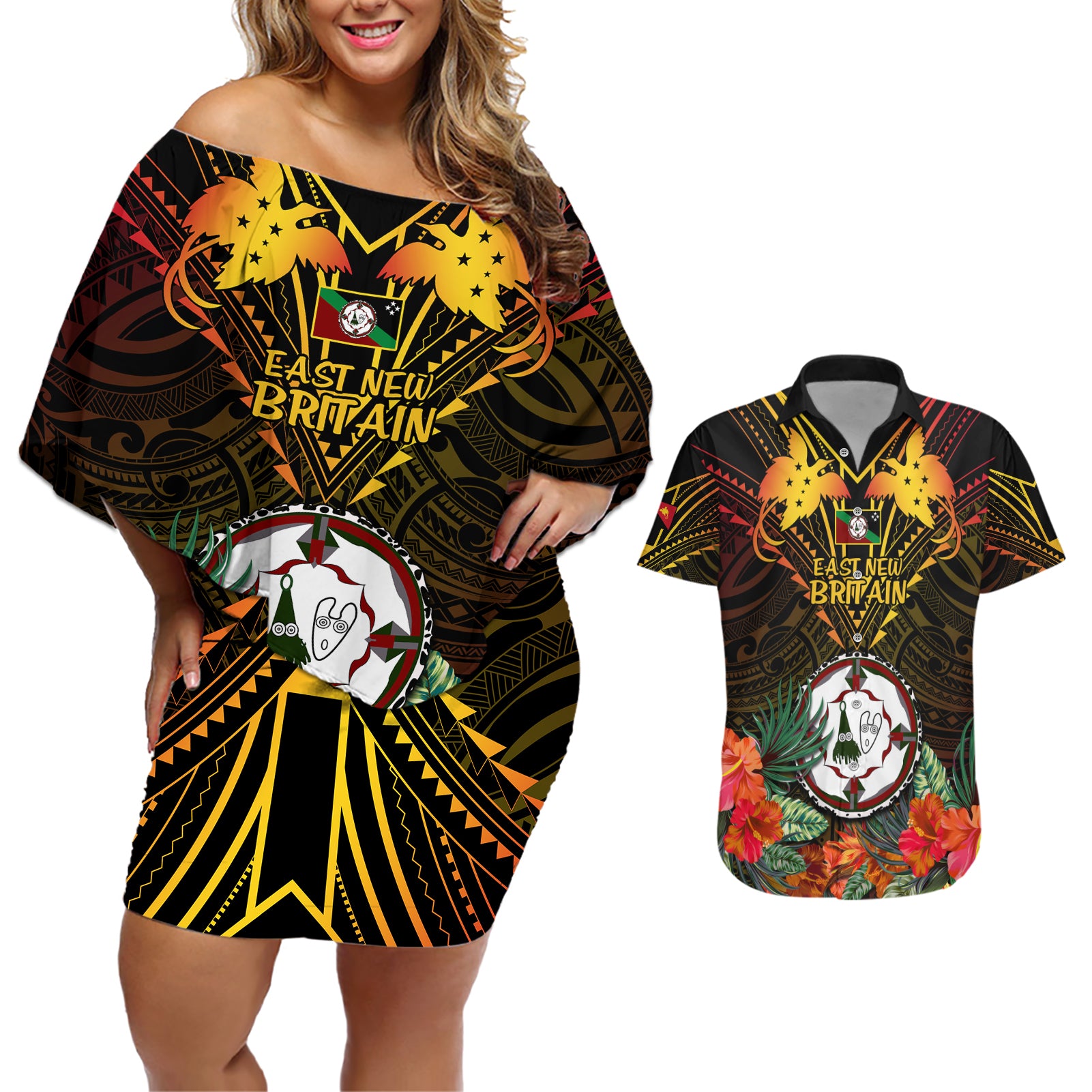Papua New Guinea East New Britain Province Couples Matching Off Shoulder Short Dress and Hawaiian Shirt Papua Niugini Coat Of Arms With Flag Style - Wonder Print Shop
