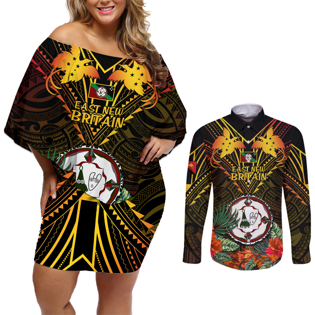 Papua New Guinea East New Britain Province Couples Matching Off Shoulder Short Dress and Long Sleeve Button Shirts Papua Niugini Coat Of Arms With Flag Style - Wonder Print Shop