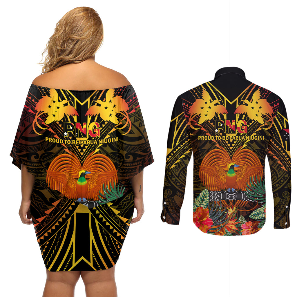 Papua New Guinea East New Britain Province Couples Matching Off Shoulder Short Dress and Long Sleeve Button Shirts Papua Niugini Coat Of Arms With Flag Style - Wonder Print Shop