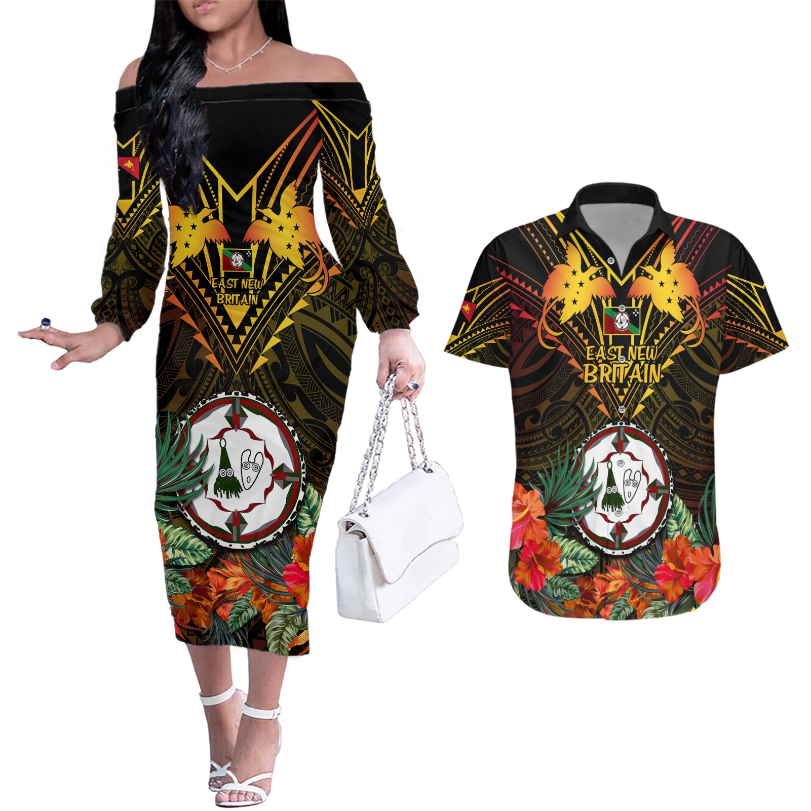 Papua New Guinea East New Britain Province Couples Matching Off The Shoulder Long Sleeve Dress and Hawaiian Shirt Papua Niugini Coat Of Arms With Flag Style - Wonder Print Shop