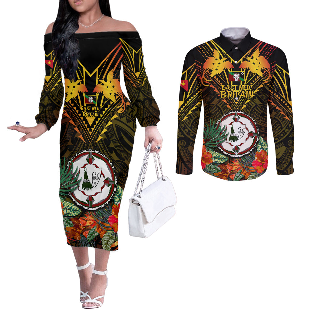 papua-new-guinea-east-new-britain-province-couples-matching-off-the-shoulder-long-sleeve-dress-and-long-sleeve-button-shirts-papua-niugini-coat-of-arms-with-flag-style