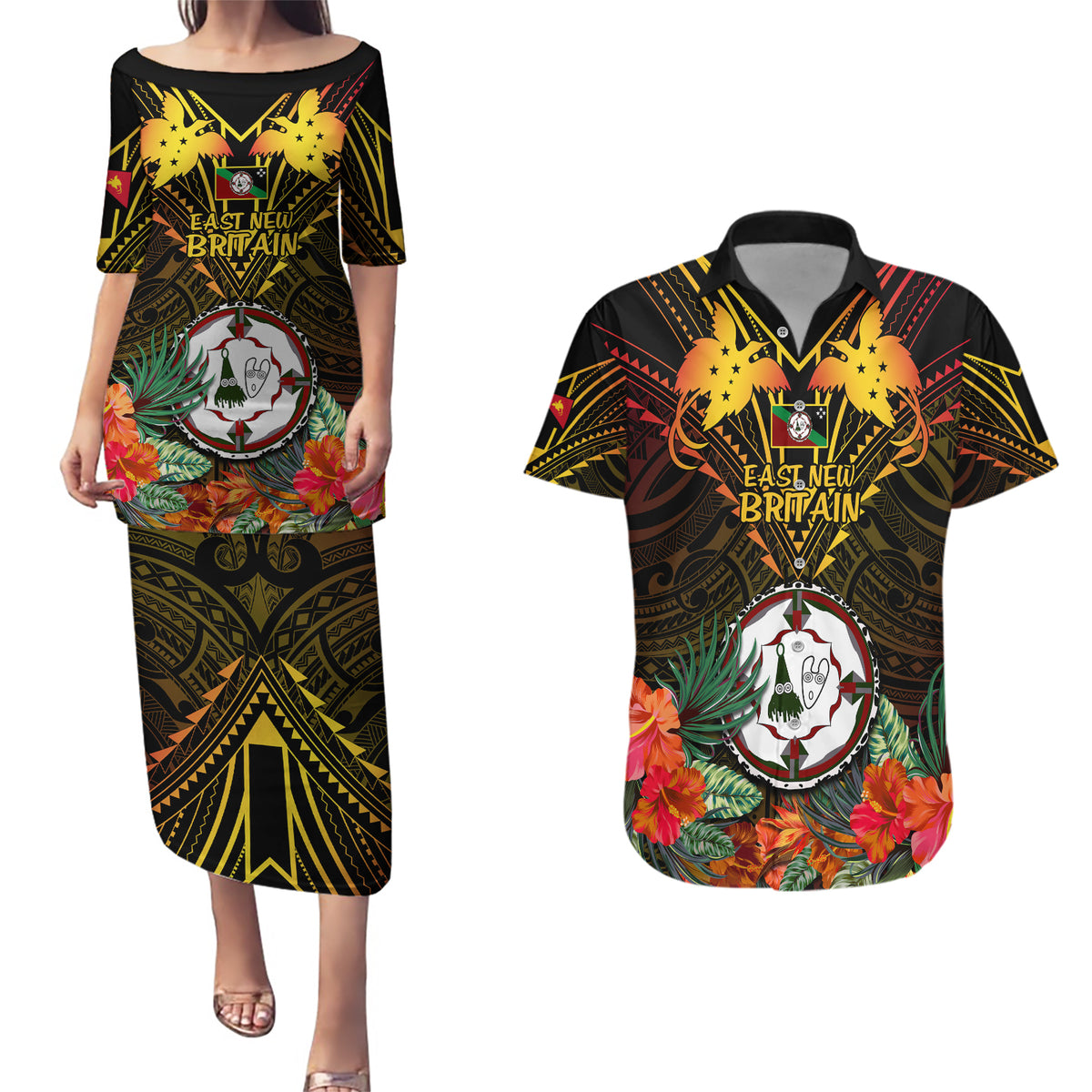 Papua New Guinea East New Britain Province Couples Matching Puletasi Dress and Hawaiian Shirt Papua Niugini Coat Of Arms With Flag Style - Wonder Print Shop