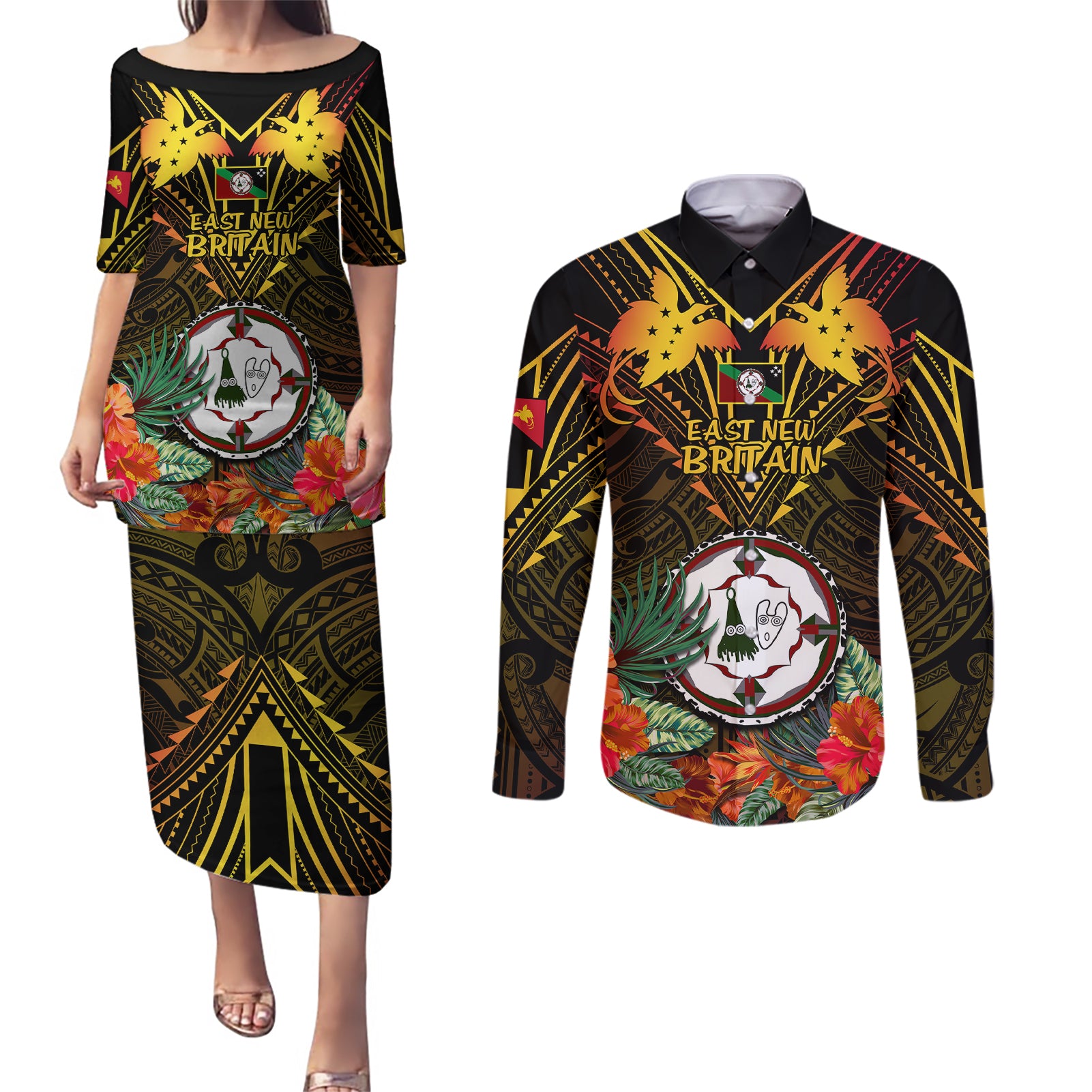 Papua New Guinea East New Britain Province Couples Matching Puletasi Dress and Long Sleeve Button Shirts Papua Niugini Coat Of Arms With Flag Style - Wonder Print Shop