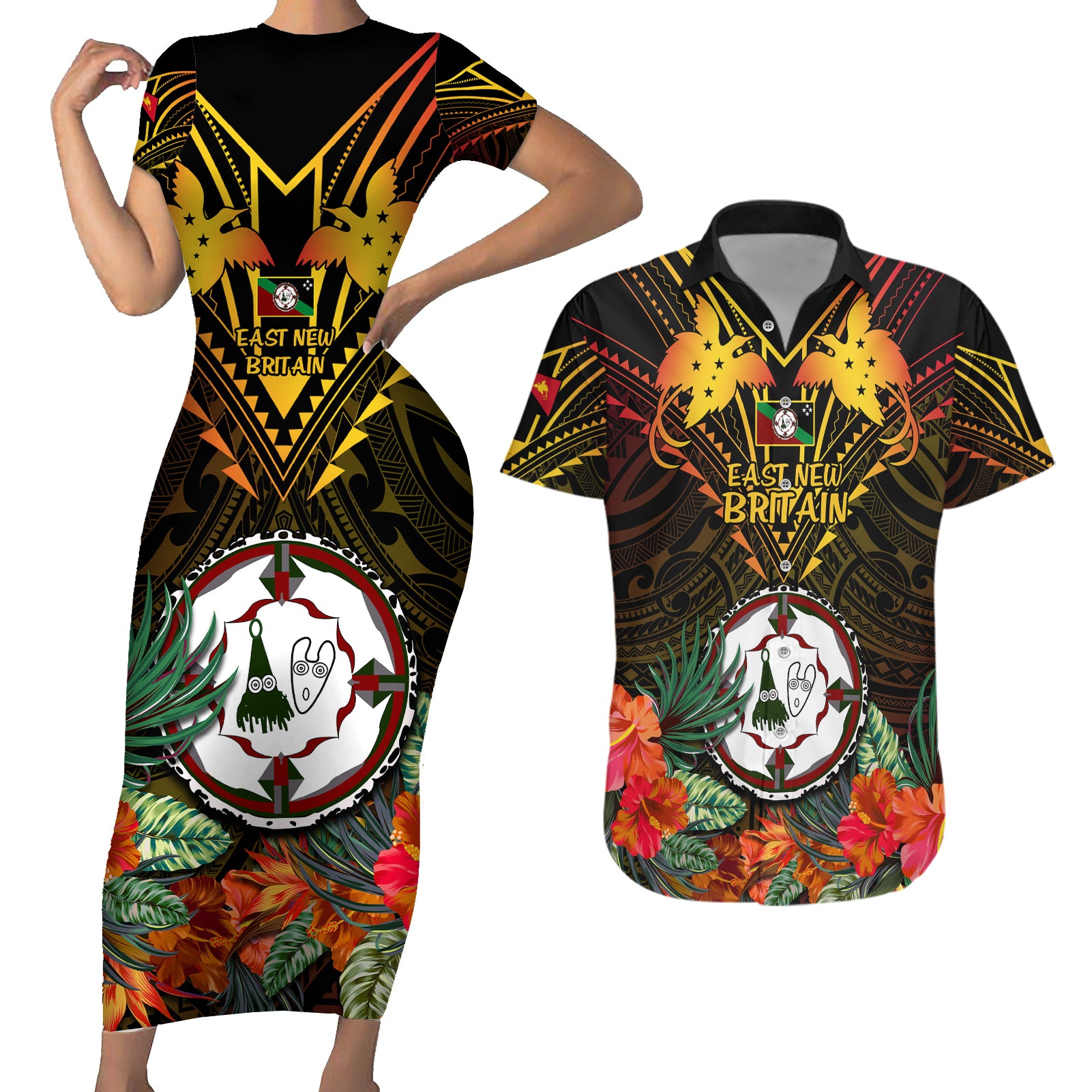 Papua New Guinea East New Britain Province Couples Matching Short Sleeve Bodycon Dress and Hawaiian Shirt Papua Niugini Coat Of Arms With Flag Style - Wonder Print Shop