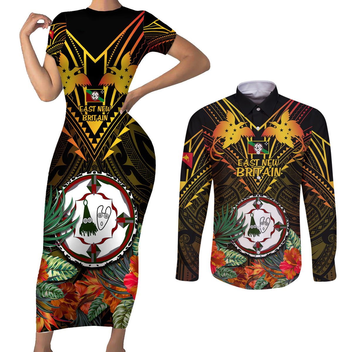 Papua New Guinea East New Britain Province Couples Matching Short Sleeve Bodycon Dress and Long Sleeve Button Shirts Papua Niugini Coat Of Arms With Flag Style - Wonder Print Shop