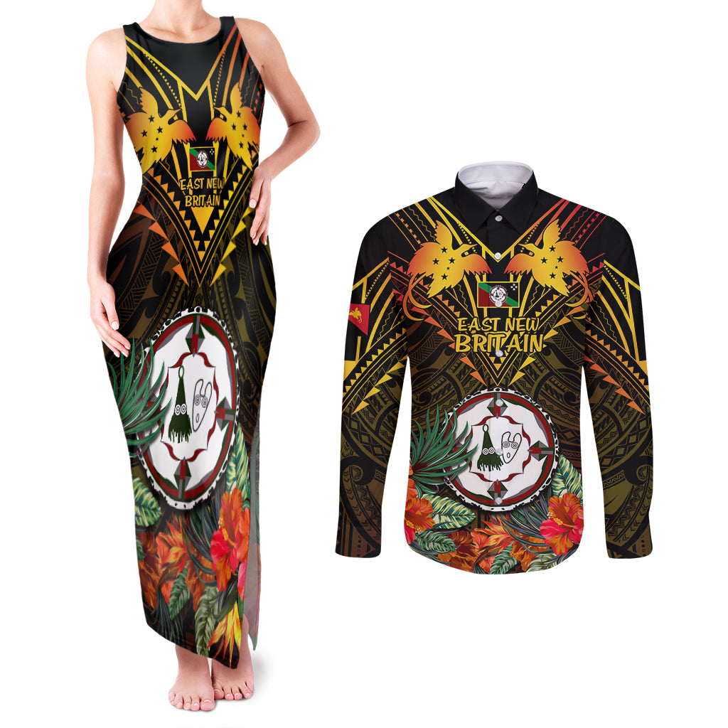 Papua New Guinea East New Britain Province Couples Matching Tank Maxi Dress and Long Sleeve Button Shirts Papua Niugini Coat Of Arms With Flag Style - Wonder Print Shop