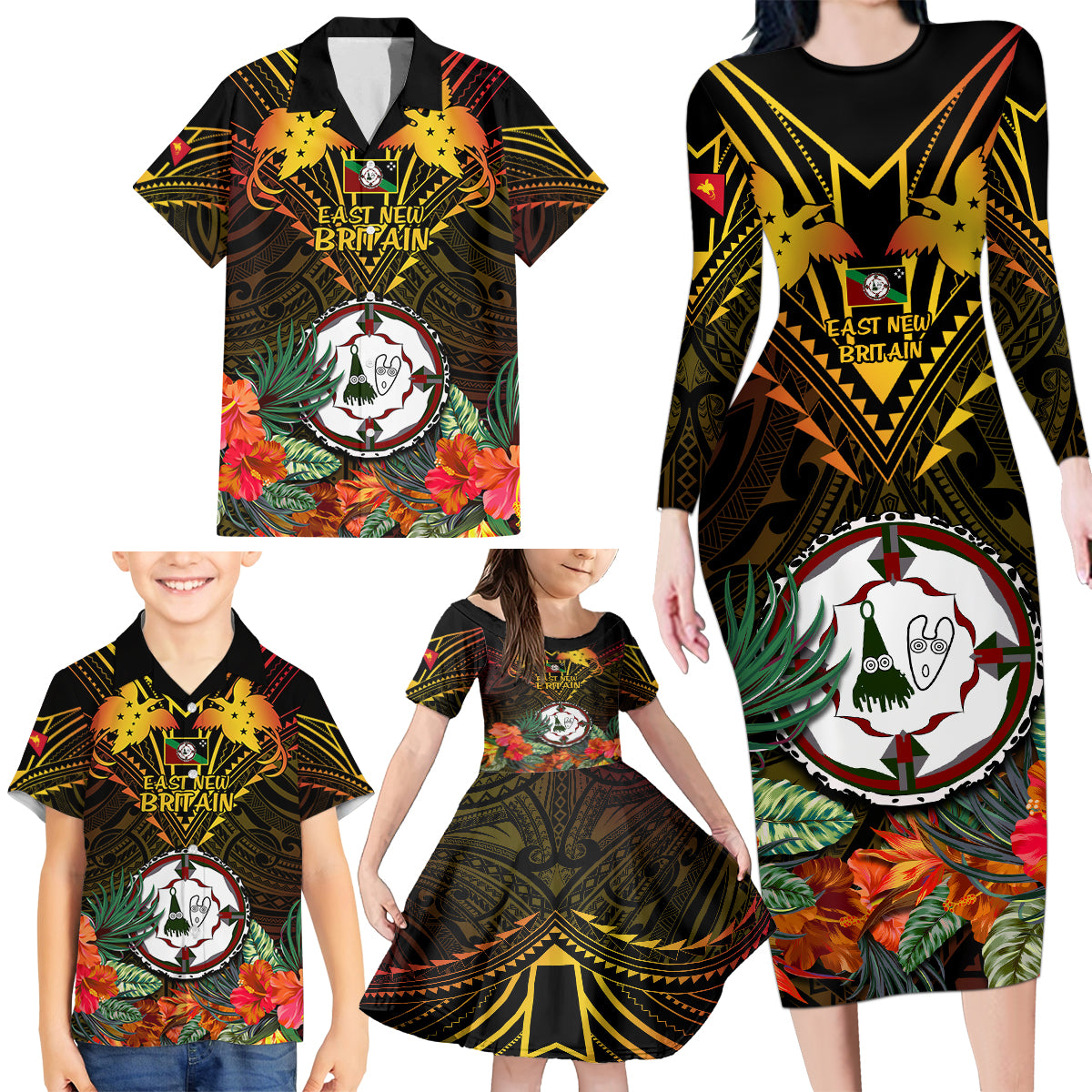 Papua New Guinea East New Britain Province Family Matching Long Sleeve Bodycon Dress and Hawaiian Shirt Papua Niugini Coat Of Arms With Flag Style - Wonder Print Shop