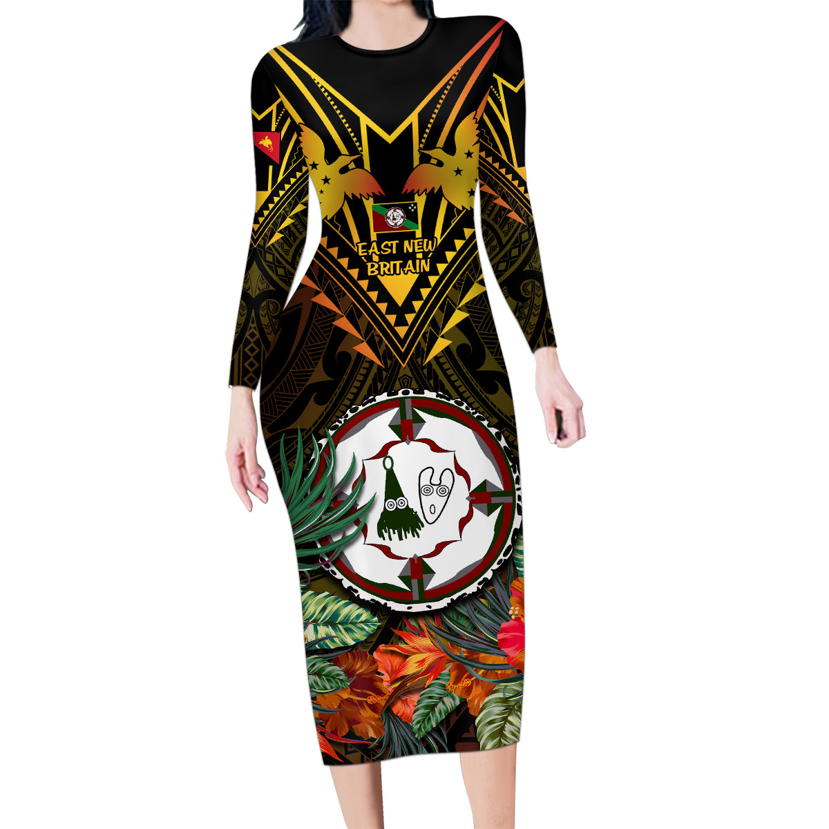 Papua New Guinea East New Britain Province Family Matching Long Sleeve Bodycon Dress and Hawaiian Shirt Papua Niugini Coat Of Arms With Flag Style - Wonder Print Shop