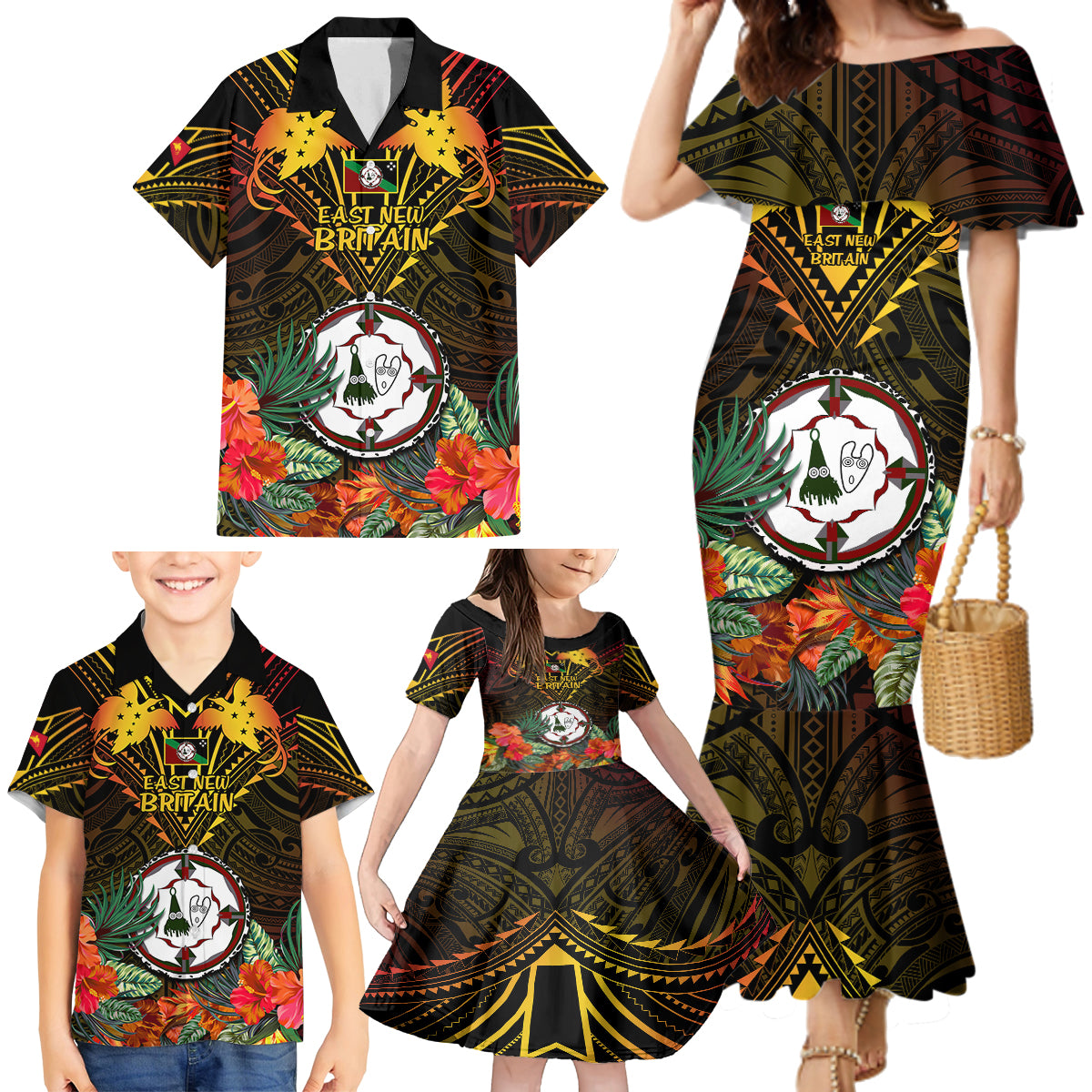 Papua New Guinea East New Britain Province Family Matching Mermaid Dress and Hawaiian Shirt Papua Niugini Coat Of Arms With Flag Style - Wonder Print Shop
