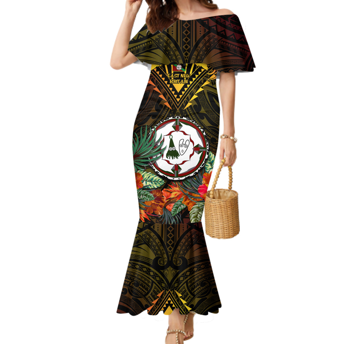 Papua New Guinea East New Britain Province Family Matching Mermaid Dress and Hawaiian Shirt Papua Niugini Coat Of Arms With Flag Style - Wonder Print Shop