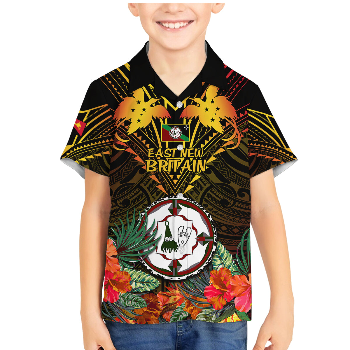 Papua New Guinea East New Britain Province Family Matching Mermaid Dress and Hawaiian Shirt Papua Niugini Coat Of Arms With Flag Style - Wonder Print Shop
