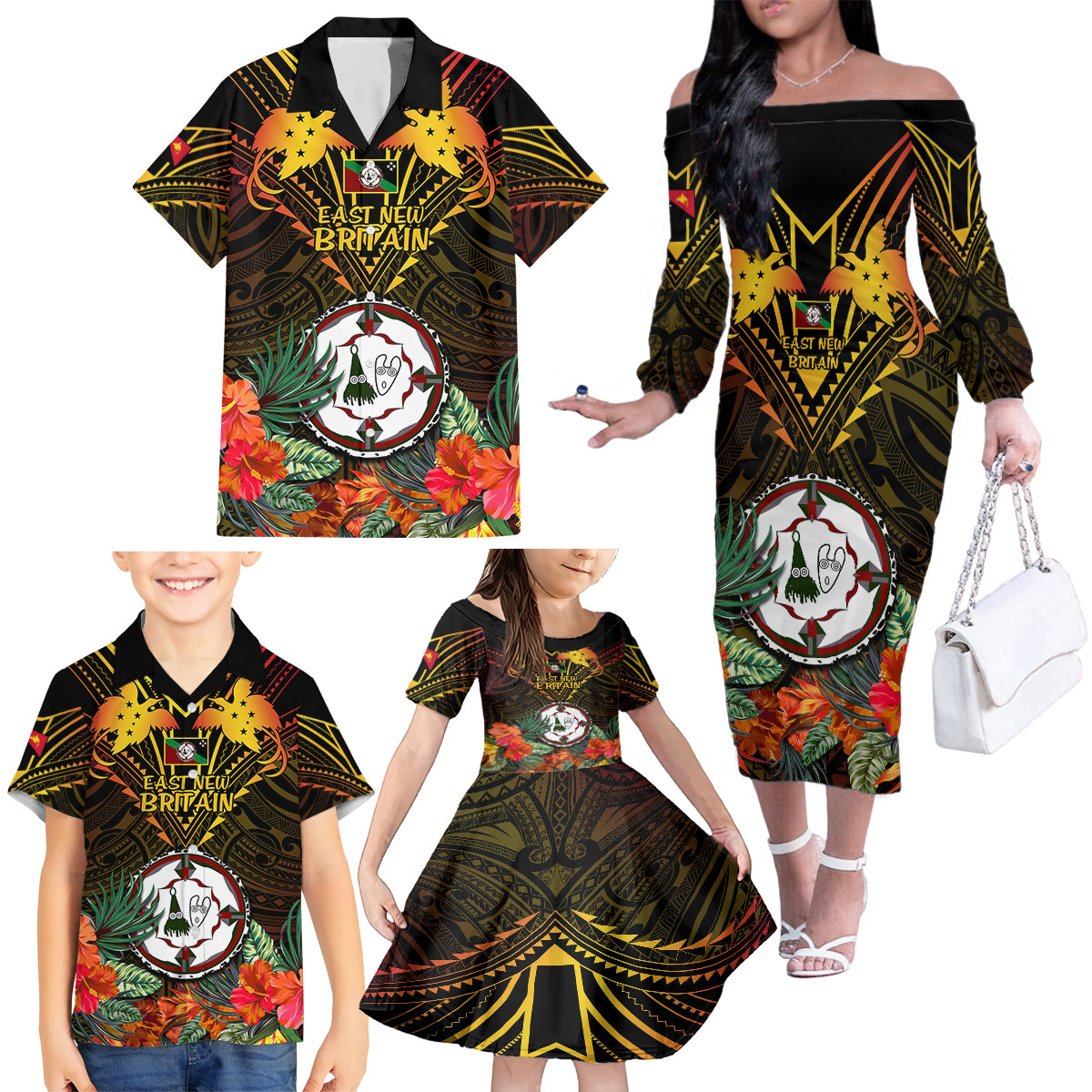Papua New Guinea East New Britain Province Family Matching Off Shoulder Long Sleeve Dress and Hawaiian Shirt Papua Niugini Coat Of Arms With Flag Style - Wonder Print Shop