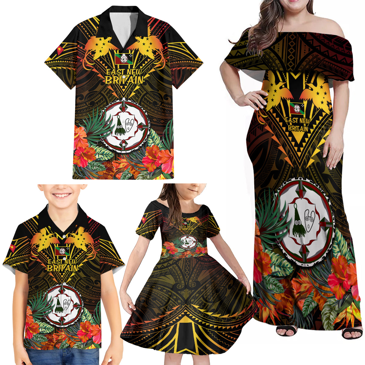 Papua New Guinea East New Britain Province Family Matching Off Shoulder Maxi Dress and Hawaiian Shirt Papua Niugini Coat Of Arms With Flag Style - Wonder Print Shop