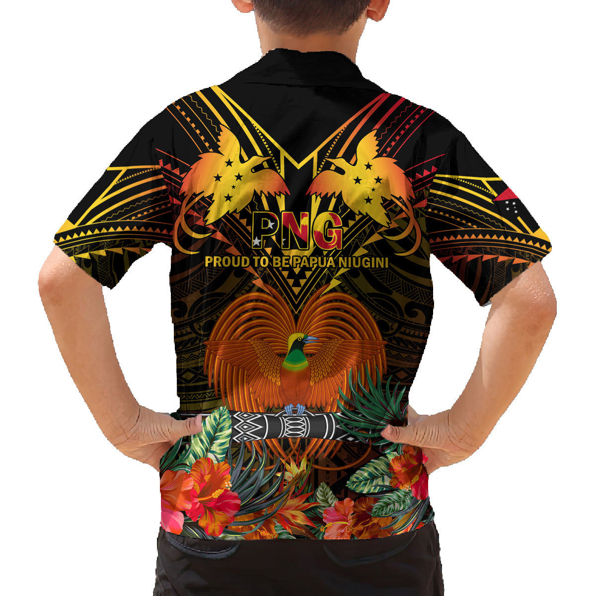 Papua New Guinea East New Britain Province Family Matching Off Shoulder Short Dress and Hawaiian Shirt Papua Niugini Coat Of Arms With Flag Style - Wonder Print Shop