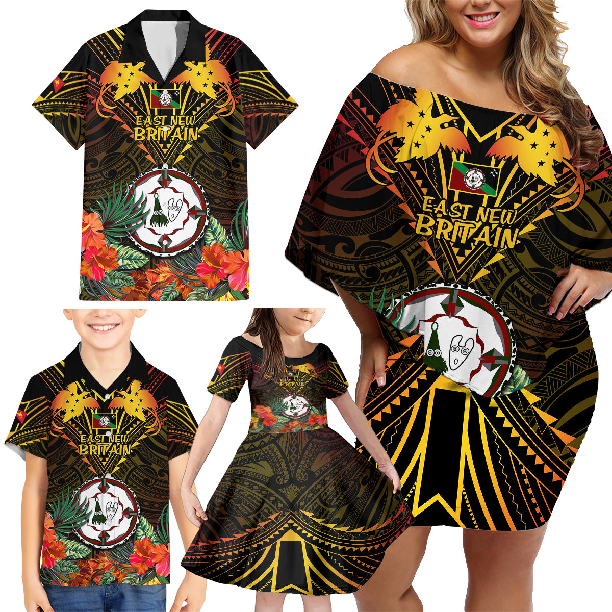 Papua New Guinea East New Britain Province Family Matching Off Shoulder Short Dress and Hawaiian Shirt Papua Niugini Coat Of Arms With Flag Style - Wonder Print Shop