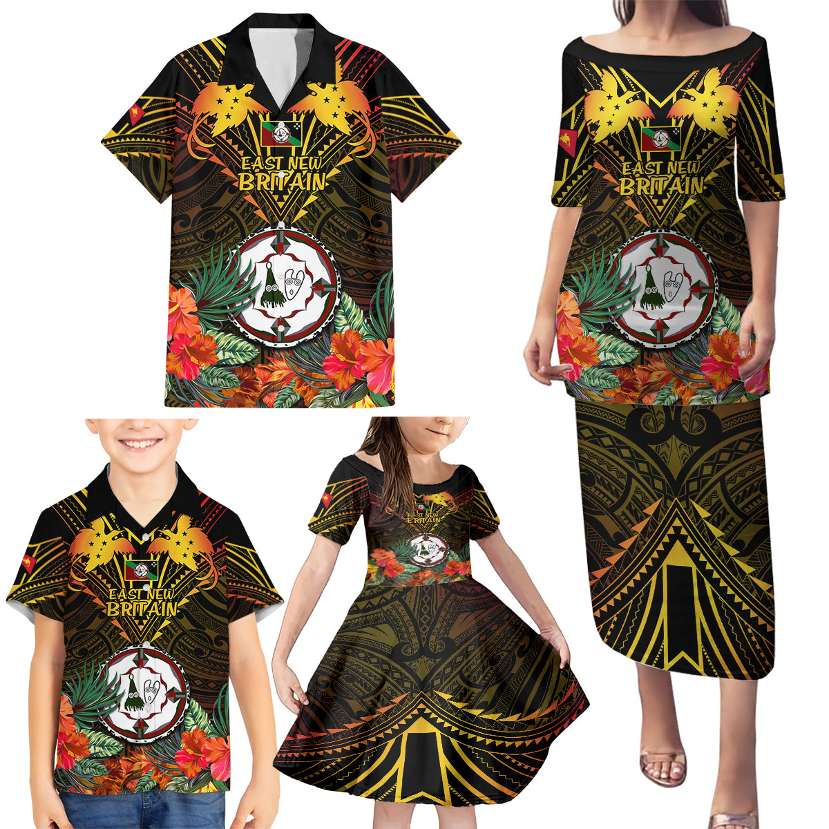Papua New Guinea East New Britain Province Family Matching Puletasi Dress and Hawaiian Shirt Papua Niugini Coat Of Arms With Flag Style - Wonder Print Shop