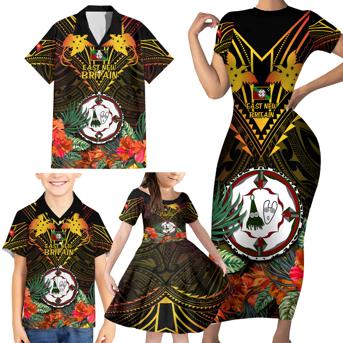 Papua New Guinea East New Britain Province Family Matching Short Sleeve Bodycon Dress and Hawaiian Shirt Papua Niugini Coat Of Arms With Flag Style - Wonder Print Shop