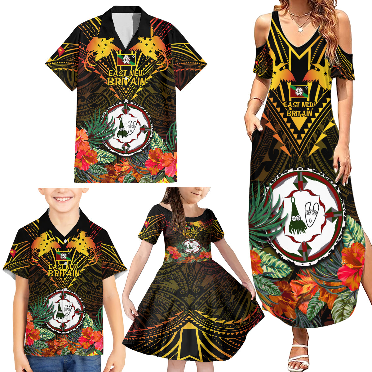 Papua New Guinea East New Britain Province Family Matching Summer Maxi Dress and Hawaiian Shirt Papua Niugini Coat Of Arms With Flag Style - Wonder Print Shop