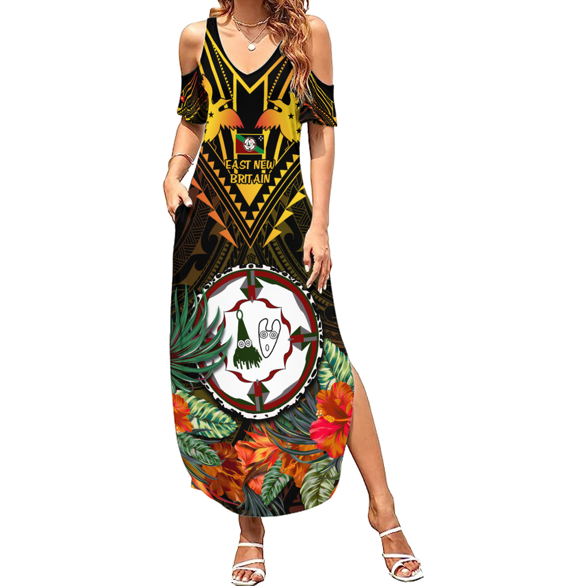 Papua New Guinea East New Britain Province Family Matching Summer Maxi Dress and Hawaiian Shirt Papua Niugini Coat Of Arms With Flag Style - Wonder Print Shop